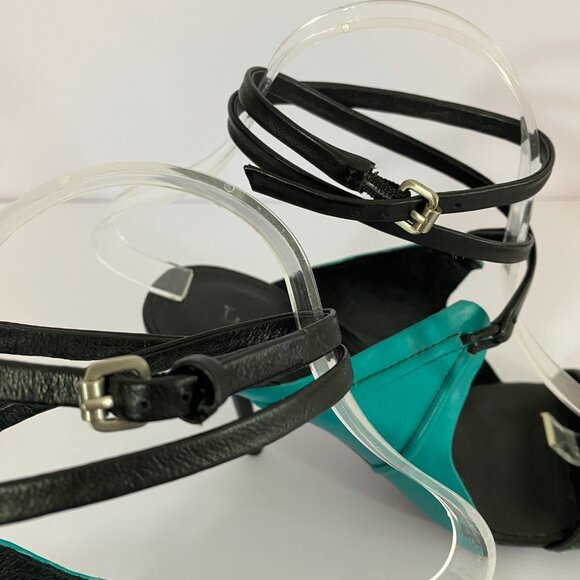 L.A.M.B. Bambi Pumps Teal Black Leather Heels 6.5 Ankle Strap - Picture 4 of 11